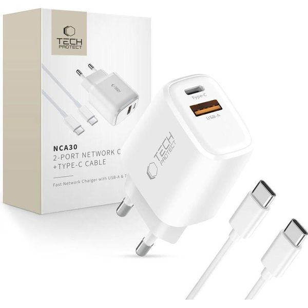 Tech-Protect Nca30 Pd 30W Qc3.0 Caricatore Usb-A / Usb-C + Cavo Usb-C / Usb-C 100Cm - Bianco-image