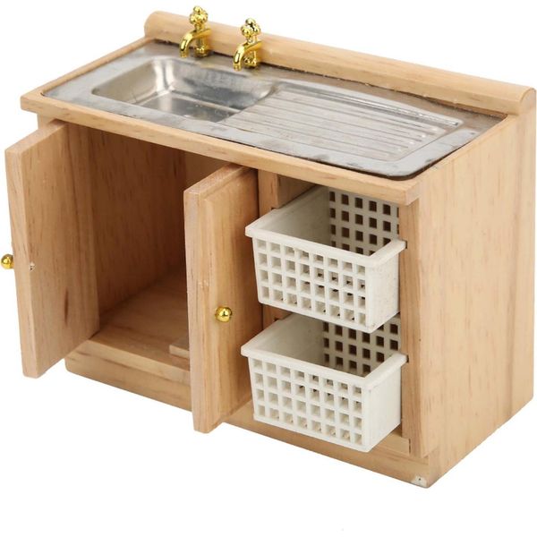 Cucina Della Casa Delle Bambole, Lavello In Miniatura In Scala 1/12, Accessori Per La Casa Delle Bambole In Scala 1/12, Casa Delle Bambole, Modello Di Mobili In Miniatura In Scala 1/12, Tavolo Con Cestini Per Il Lavello Delle Stoviglie Della Cucina-image