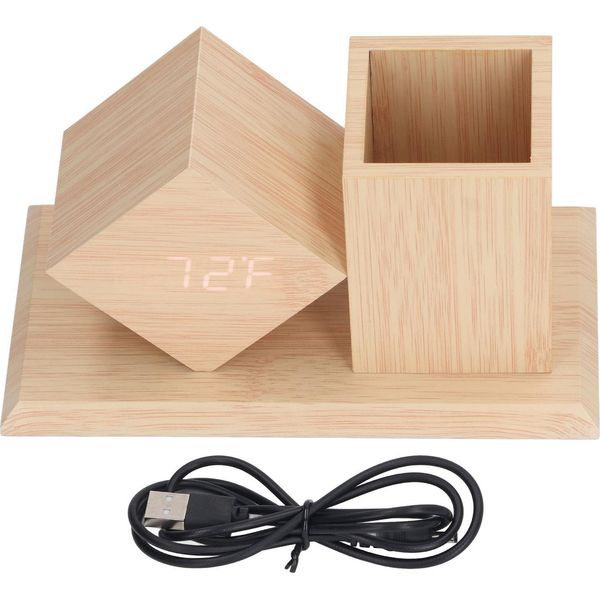 Portapenne, Orologio, Controllo Vocale, Display Led Hd, Usb, A Batteria, Sveglia Digitale In Legno Con Termometro-image