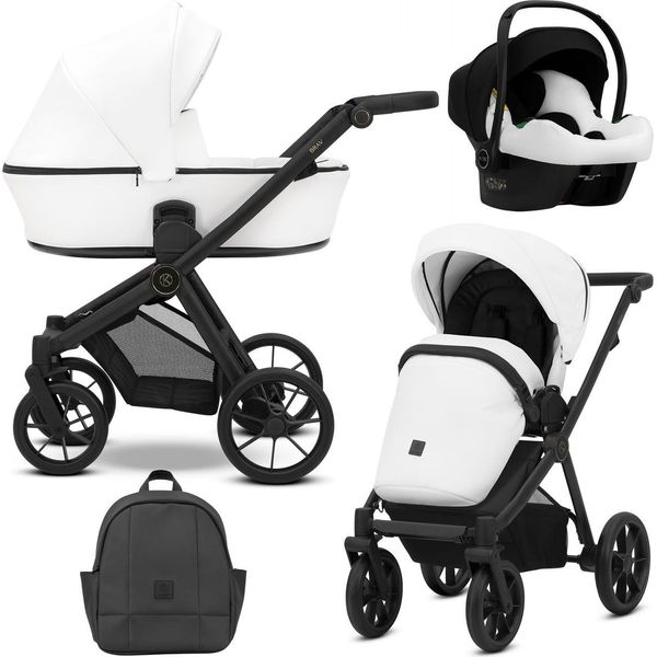 Carrozzina Kunert Brav 3In1 In Ecopelle Bianca Con Telaio Nero, Ruote In Gel E Seggiolino Auto-image