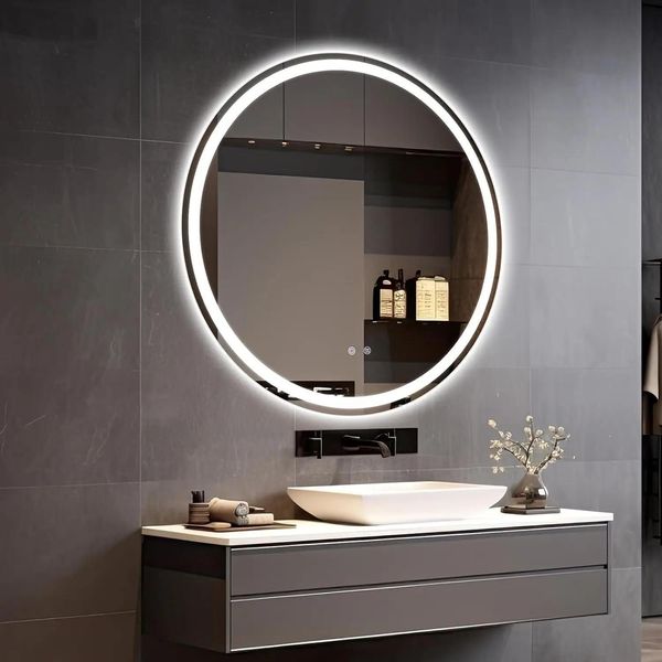 Specchio Da Bagno A Led - Rotondo 60 Cm - Vetro Temperato - Senza Cornice - Senza Nebbia - Dimmerabile Con Sensore Touch - 3 Colori Di Luce - Rohs-image