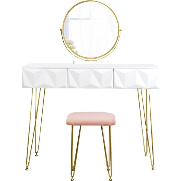 Luxiqo® Tavolino Da Toilette - Set Da Trucco Con Specchio - Specchio Girevole A 360° - 3 Cassetti - Sgabello In Velluto - Bianco/Grigio-image