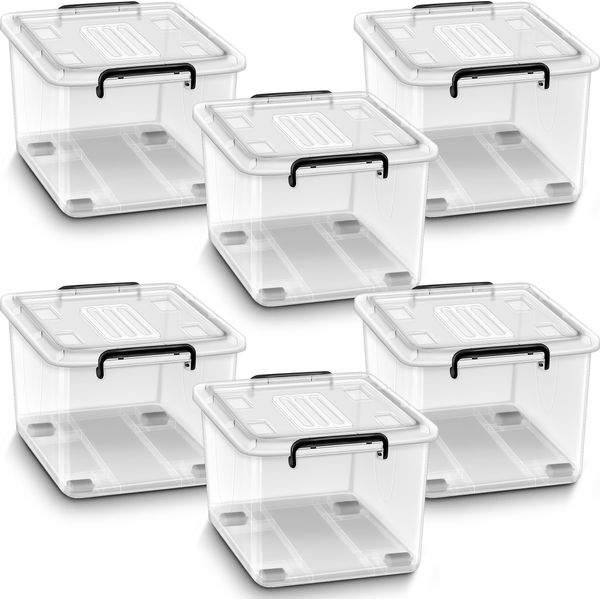 Tillvex® Scatole Di Stoccaggio Con Coperchio Set Di 6 - 13L, Per Alimenti | Set Di Scatole Di Plastica Impilabili | Sistema Di Organizzazione Dello Stoccaggio Scatola Grande | Scatola Di Stoccaggio Scatole Per Vestiti Trasparente 100% Materiale Vergine-image