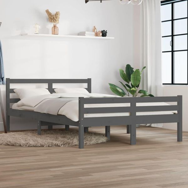 The Living Store Letto In Legno Massiccio Grigio 150X200 Cm-image