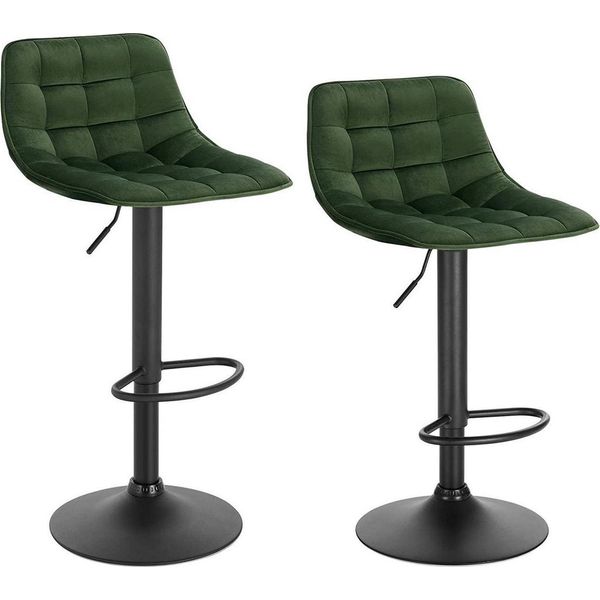 Sgabello Da Bar In Velluto Lozi - Altezza Regolabile - Con Schienale - Set Di 2 - Verde Scuro - Sgabelli Da Bar Ergonomici - Per Cucina E Bar - Altezza 59-81 Cm-image