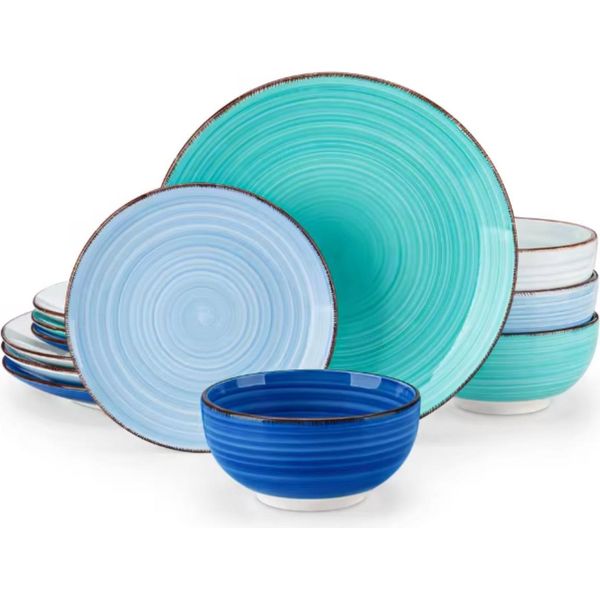 Set Da Portata Vittoria - 12 Pezzi - 4 Persone - Ceramica Blu - Piatti Per La Cena, La Colazione E I Piatti Fondi - Servizio Da Cucina-image