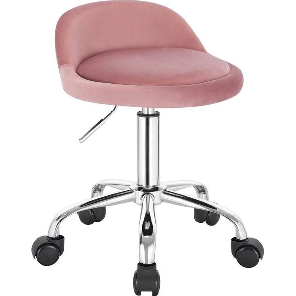 Happyment Sedia Da Lavoro Su Rotelle - Rosa - Sgabello A Sella - Sgabello Per Parrucchieri - Sgabello Girevole Senza Schienale - Ergonomico - Velluto-image