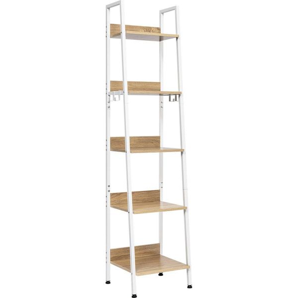 Libreria Happyment Galito - 5 Livelli - Bianco - Aspetto Marmo - Ripiano A Scaletta - Legno E Metallo - 40 X 36 X 170 Cm - Incl. 4 Ganci-image