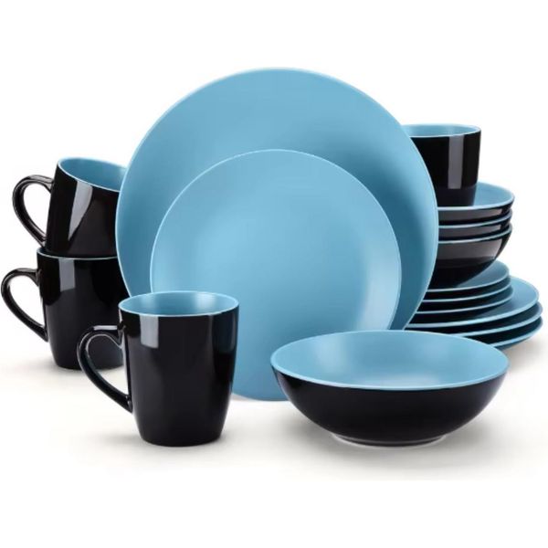 Set Da Portata Azzuro - 16 Pezzi - 4 Persone - Ceramica Blu/Nera - Piatti Per La Cena, La Colazione E I Piatti Fondi - Servizio Da Cucina-image