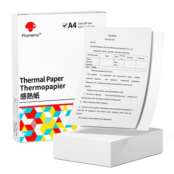 Phomemo A4 Asciugatura Rapida Foglio Singolo Carta Termica Bianca Per Stampanti Termiche Portatili A4 M08F/M832/M833, 8,27" X 11,69"", 200 Fogli/Cartone"-image