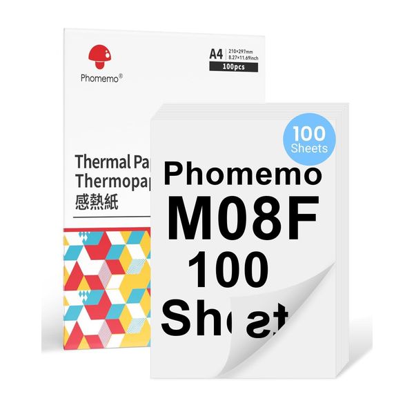 Phomemo M08F Carta Termica Fronte/Retro A4 Per Stampante Mobile M08F M832 M833 M834 Q302 E Altre Stampanti Termiche A4, 210X297 Mm Carta Per Stampante M08F, 100 Fogli-image