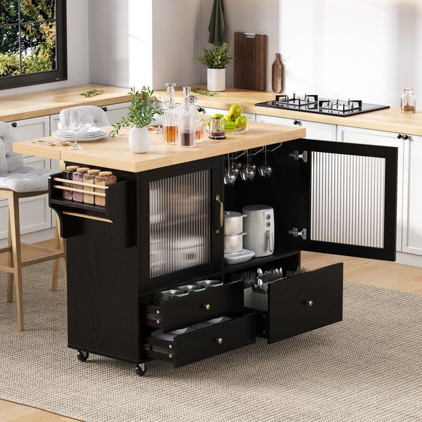 Carrello Da Cucina A Isola Merax Con Piano Di Lavoro Estensibile, Su Rotelle, Portabicchieri, 2 Ante In Vetro, 3 Cassetti, Carrello Da Cucina, Nero+Naturale-image