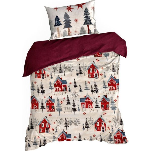 Eurofirany | Biancheria Da Letto Natalizia - Set Da Letto - 140 X 200 Cm - Rosso Crema - Cotone - Fantasia Natalizia-image