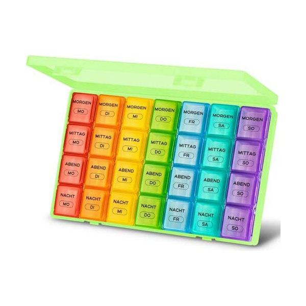 Scatola Delle Pillole 7 Giorni Scomparti Grandi Medicina 4 Compresse Senza Bpa Mattina Pranzo Sera Organizzatore Viaggio Vitamina (Verde)-image