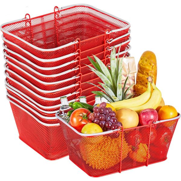 Cestino Per La Spesa Succebuy, 12 Pezzi, 22 Litri, Cestino In Metallo Impilabile Con Maniglie, Cestino Per Il Trasporto, Caricabile Fino A 20 Kg, Versatile Per Generi Alimentari, Vendita Al Dettaglio, Negozi, Supermercati, Librerie, Rosso-image