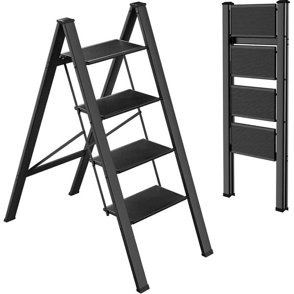 Scaletta - Scala Pieghevole Per La Casa - 4 Gradini - Alluminio - Gradini Larghi E Antiscivolo - Portata 150 Kg - Leggera E Portatile - Nero-image