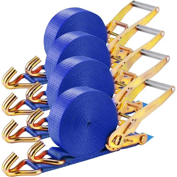 Cinghia Di Ancoraggio - Cinghia Di Ancoraggio A Cricchetto Con Doppio Gancio A J - 9 M X 50 Mm - Carico Di Rottura 5.000 Kg - Acciaio Inox - Set Di 4 - Blu-image