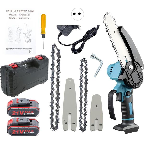 Motosega A Batteria - Set Di Mini Seghe Per Potatura - 21 V - Lama Da 10 Cm E 15 Cm - 2 Batterie - 2 Catene - Spina Ue - Blu-image