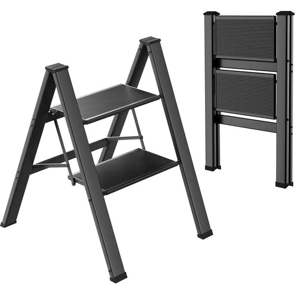 Scaletta In Alluminio - 2 Gradini Pieghevoli - Leggera - Ampi Gradini Antiscivolo - Portata 150 Kg - Nero-image
