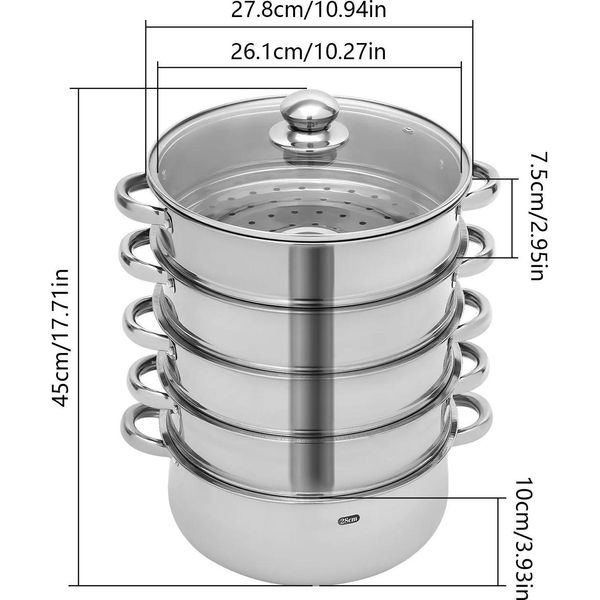 Pentola A Vapore - Cuocivapore In Acciaio Inox - 5 Livelli - 28 Cm - Coperchio In Vetro - Per Verdure, Pesce E Gnocchi - Verde-image