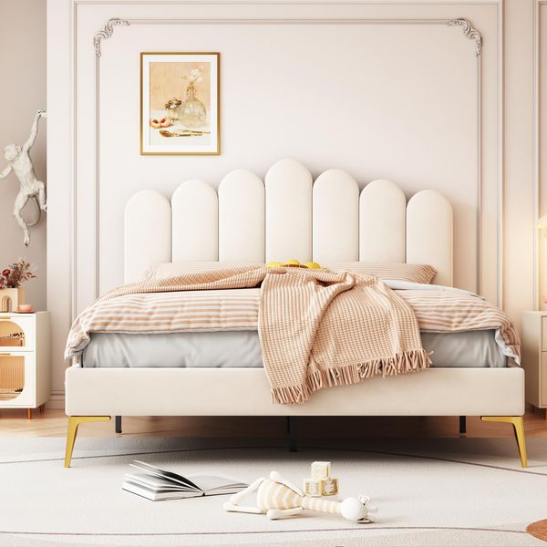 Letto Imbottito Flieks 140X200Cm Con Rete A Doghe, Letto Per Ragazzi Letto Matrimoniale Con Testiera A Forma Di Steccato, Letto Per Bambini Letto In Legno Letto Classico, Velluto, Beige-image