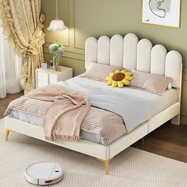 Letto Imbottito Fortuna Lai Letto Matrimoniale 140 X 200 Cm, Struttura Letto Con Testata E Rete A Doghe, Letto Per Adulti, Letto Per Ragazzi, Letto Per Ospiti In Tessuto Vellutato Delicato Sulla Pelle, Beige-image