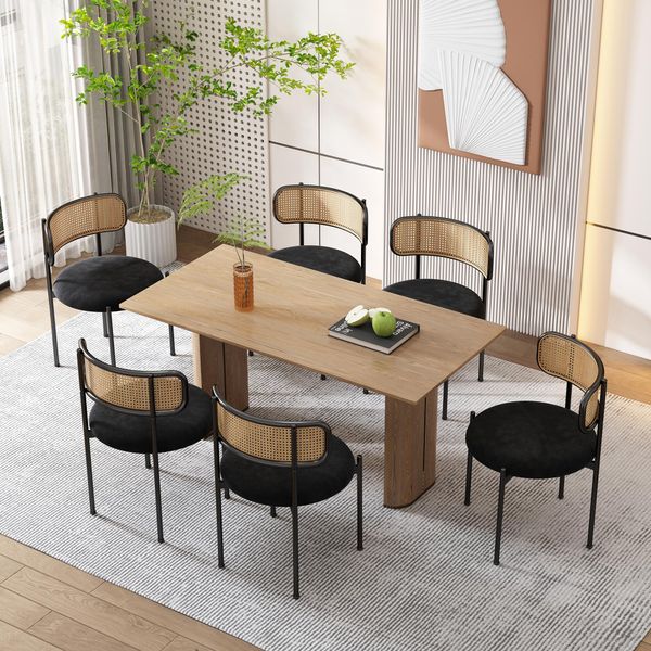 Flieks Sedia Da Pranzo In Rattan Set Di 6 Sedie Da Sala Da Pranzo Con Gambe In Metallo, Sedie Da Soggiorno Imbottite Con Rivestimento In Velluto, Sedia Da Pranzo Sedia Da Cucina, Nero-image