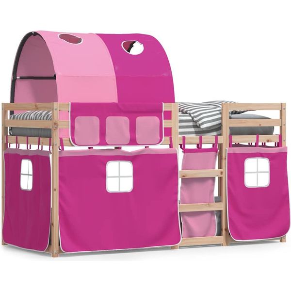 Vidaxl Letto A Castello Con Tende Rosa 90X190 Cm In Legno Di Pino Massiccio-image