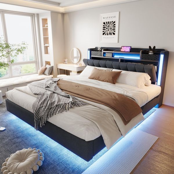 Letto Imbottito Flieks 160X200Cm Con Usb, Letto Matrimoniale Letto Giovanile Con Led, Letto Contenitore In Legno Con Testiera A Battente, Letto Classico, Biancheria, Grigio-image