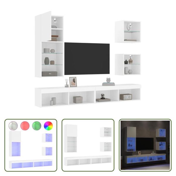 The Living Store Parete Attrezzata A 5 Pezzi Con Illuminazione A Led In Legno Bianco-image