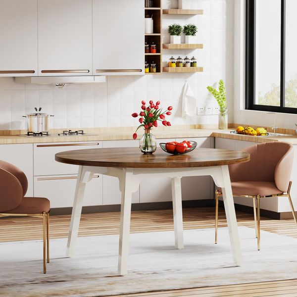 Tribesigns Tavolo Da Pranzo Rotondo Per 4-6 Persone, 120 X 75 Cm, Tavolo Da Pranzo Rotondo Con Gambe In Legno Massiccio, Tavolo Moderno In Legno Per Sala Da Pranzo, Casa, Marrone E Bianco-image