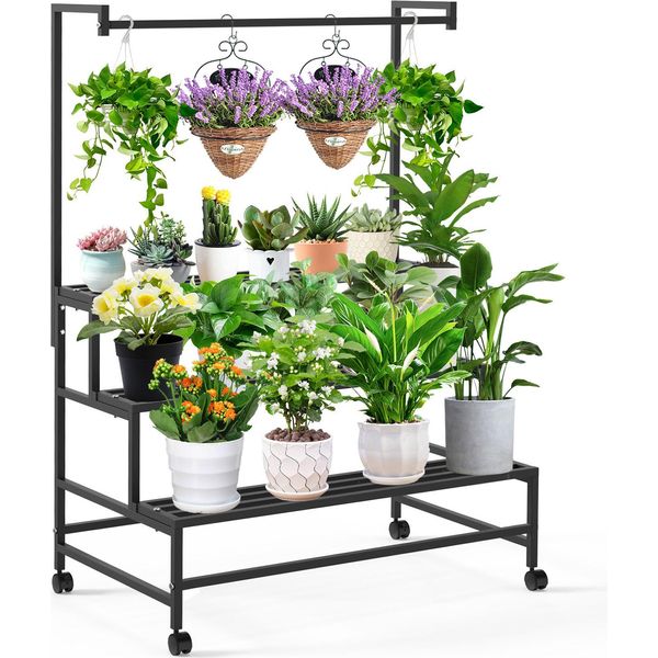Scaffale Per Fiori Scaffale Per Piante Con Ruota L80Xl62Xh144Cm Portafiori Sospeso Metallo Nero 3 Livelli Scala Per Fiori Scaffale Per Piante Scaffale Per Piante-image