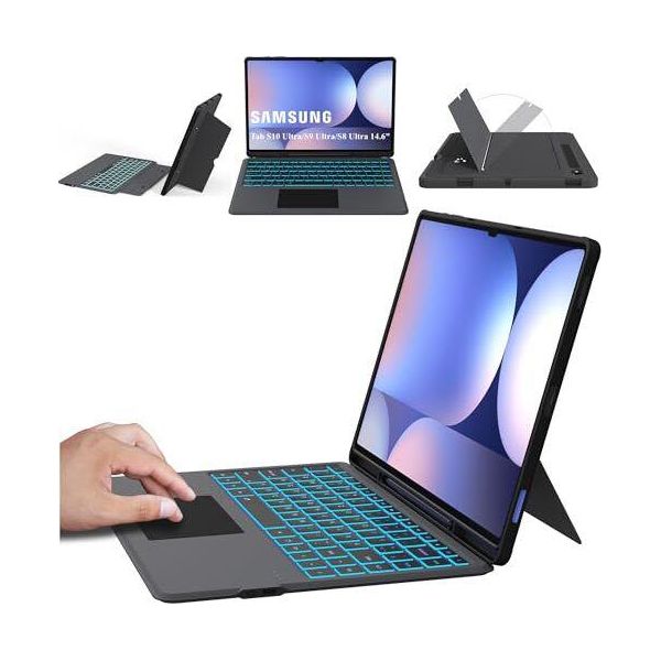 Roofei Galaxy Tab S10 Ultra/S9 Ultra/S8 Ultra -Custodia Tastiera Qwertz - Touchpad Rimovibile 7 -Colori -Illuminazione 14.6 Pollici Samsung 2024/S9-image