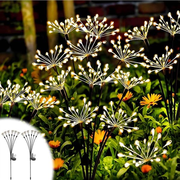 2 Lampade Solari Bianco Caldo Dente Di Leone Luci Solari 120 Led Luci Solari Per Giardino Esterno 8 Modalità Spina Solare Per Prato Balcone Terrazza Cortile Decorazione-image