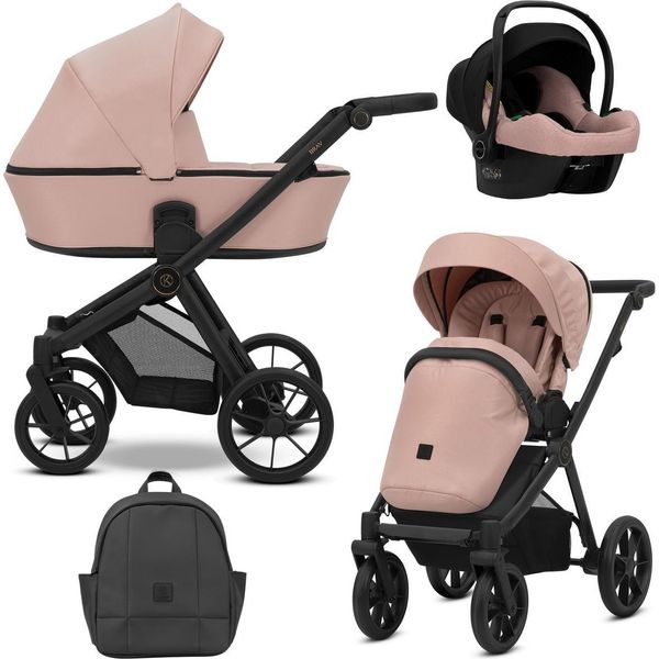 Passeggino Kunert Brav 3In1 Rosa Con Telaio Nero, Ruote In Gel E Seggiolino Auto Cosmo-image