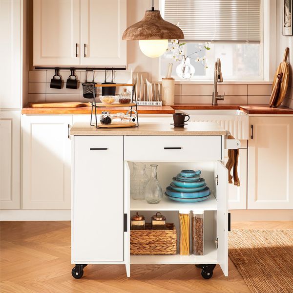 Sobuy FKW126-WN Carrello Da Cucina Di Design Con Rotelle Isola Da Cucina Con Piano Di Lavoro E Portaspezie Carrello Credenza Bianco Wd Circa 105X92X46Cm-image