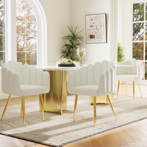 Sedie Da Pranzo Sedie Da Pranzo Beige, Set Di 4 Sedie, Sedia Da Trucco Imbottita Sedia Ergonomica, Sedia Da Ufficio Sedia Da Pranzo Con Gambe In Ferro Color Oro-image