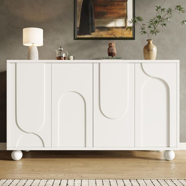 Flieks Credenza Cassettiera, Mobile Contenitore A 4 Ante, Mobile Artistico Moderno Semplice, Per Soggiorno Cucina Corridoio, Bianco-image
