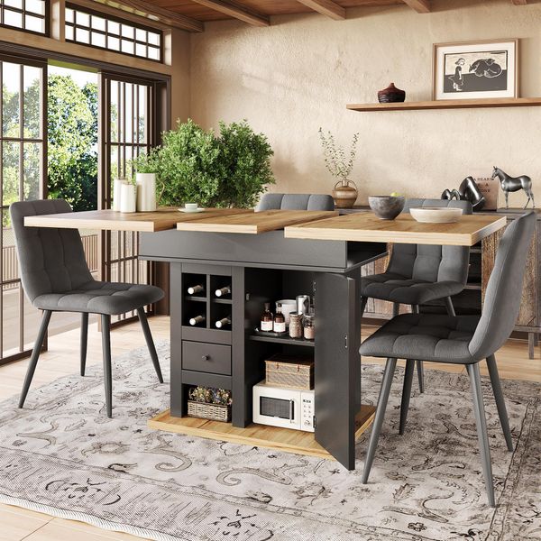 Tavolo Da Pranzo Flieks Allungabile Con Armadio, Tavolo Telescopico Rettangolare, Tavolo Da Cucina 110-140X80X75 Cm, Colore Legno E Nero-image