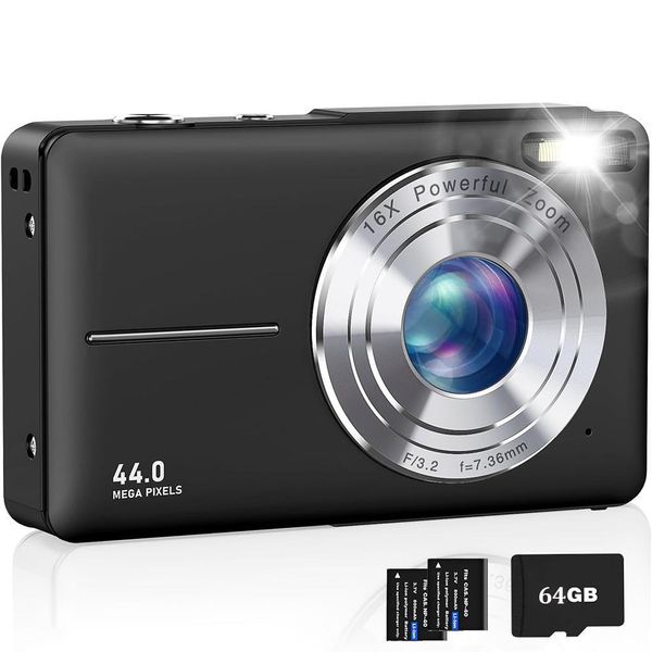 Zelurxx Fotocamera Digitale Per Bambini 1080P 44MP, Zoom 16X, Schermo Da 2,4 Pollici, Mini Fotocamera Compatta, Selfie, Tascabile, Nero, 64GB, Doppia Batteria-image