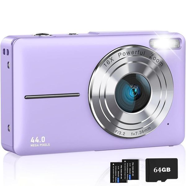 Zelurxx Fotocamera Digitale Per Bambini 1080P 44MP, Zoom 16X, Schermo Da 2,4 Pollici, Mini Fotocamera Compatta, Selfie, Tascabile, Viola, 64GB, Doppia Batteria-image