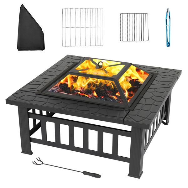 Fch Pozzo Del Fuoco 82 X 82 X 52CM Con Griglia E Pinze Per Grigliare Ciotola Del Fuoco, 3In1 Pozzo Del Fuoco Multifunzionale Per Il Riscaldamento / Barbecue Grill, Terrazza Giardino-image