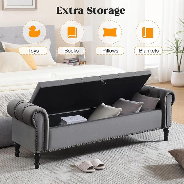 Panca Contenitore In Velluto - Panca/Pouf Imbottito - Lunghezza 133 Cm - Capitonné - Con Braccioli - Ampio Spazio Di Archiviazione - Camera Da Letto/Soggiorno - Grigio Scuro-image