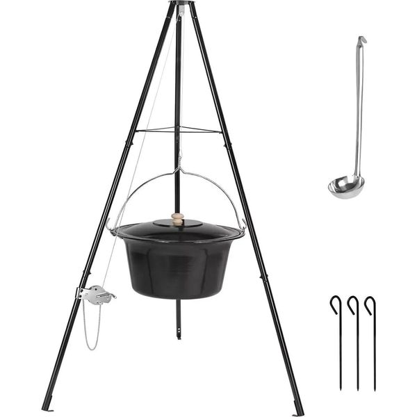 Bollitore Ungherese Per Gulasch - Set Con Treppiede Telescopico - 15 L - Ghisa Smaltata - Catena 250 Cm - Altezza 151-170 Cm - Pieghevole - Bianco-image