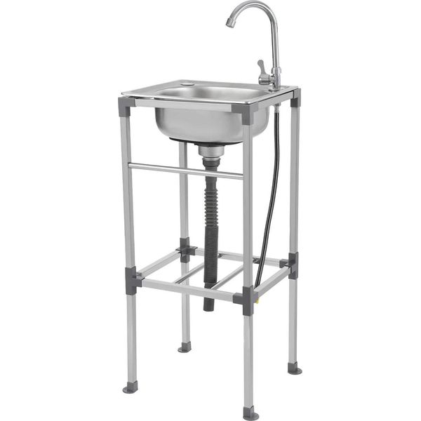 Lavello Freestanding In Acciaio Inox - Lavello A Una Vasca - Grande - Con Rubinetto - Portata Massima 60 Kg - Tubo Di Ingresso 60 Cm E Tubo Di Scarico 75 Cm - Bianco. Portata 60 Kg - Tubo Di Ingresso 60 Cm E Tubo Di Scarico 75 Cm - Bianco-image