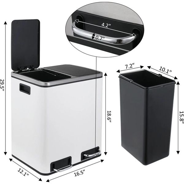 Portarifiuti Da Cucina - Portarifiuti A Pedale Con Doppia Camera - 2X15 L (30 L) - Chiusura Ammortizzata - Il Coperchio Rimane Aperto - Acciaio Inox - Bianco-image