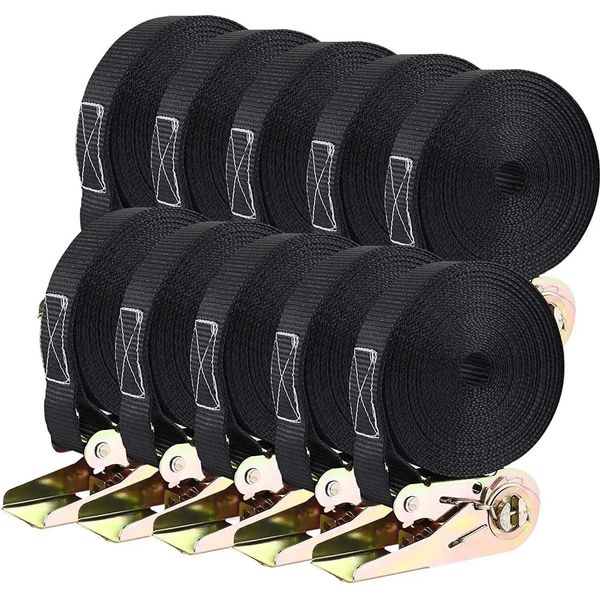 Set Di 10 Cinghie Di Fissaggio - Cinghie Di Fissaggio A Cricchetto - Lunghezza 6 M - Larghezza 25 Mm - Pezzo Unico - Resistente - Lega Di Alluminio-Rame - Nero-image