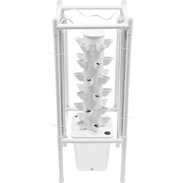 Kit Di Coltivazione Idroponica - Torre Di Coltivazione Verticale - Spina Ue - Con 6 Livelli - Con 30 Fori Per Le Piante - Lampada Per Piante A Led, 4 Luci - Con Serbatoio Dell'acqua Da 10 Litri - Bianco-image