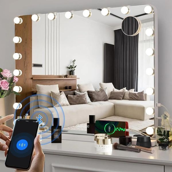 Hollywood Make-Up Mirror - Specchio Per Il Trucco - 80 X 60 Cm - 20 Led - Altoparlante Bluetooth - 3 Modalità Di Illuminazione - Funzionamento Touch - Modello Da Tavolo - Bianco-image