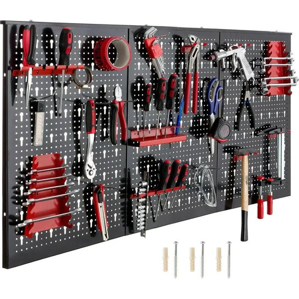 Parete Forata Per Attrezzi - Supporto A Parete 120X60X2 Cm - Metallo - Set Di 17 Ganci - Per Il Deposito Degli Attrezzi - Rosso-image
